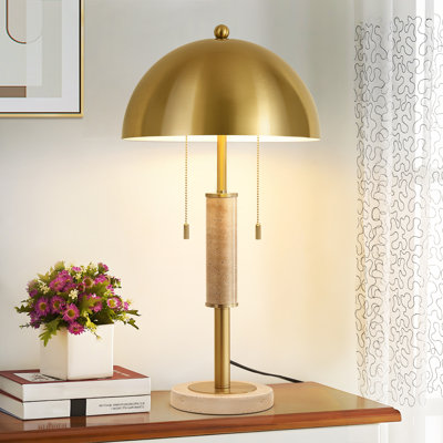 24 in 2-Light Modern Metal Plug-in Table Lamp with Double Pull Chain Marble Base and Dome Shade