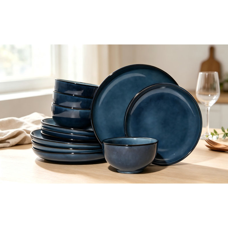 Service de vaisselle en grès pour 4, 12 assiettes et bols en glacis réactif, ensemble de vaisselle en céramique fait à la main, ensemble d'assiettes moderne très résistant aux ébréchures et aux fissures, bleu étoilé