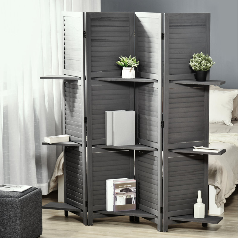 Cloison d'intimité 4 pièces 4 pièces, 5,6 pi gris avec tablettes, paravents en bois rustique, tablettes de rangement pour chambre à coucher / bureau,
