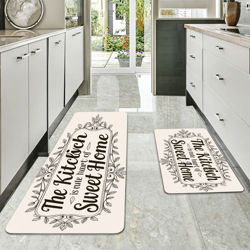 Vintage Floral Framed Kitchen Quote 2 Piece Kitchen Rugs for Decor, Kitchen Counter, Beige