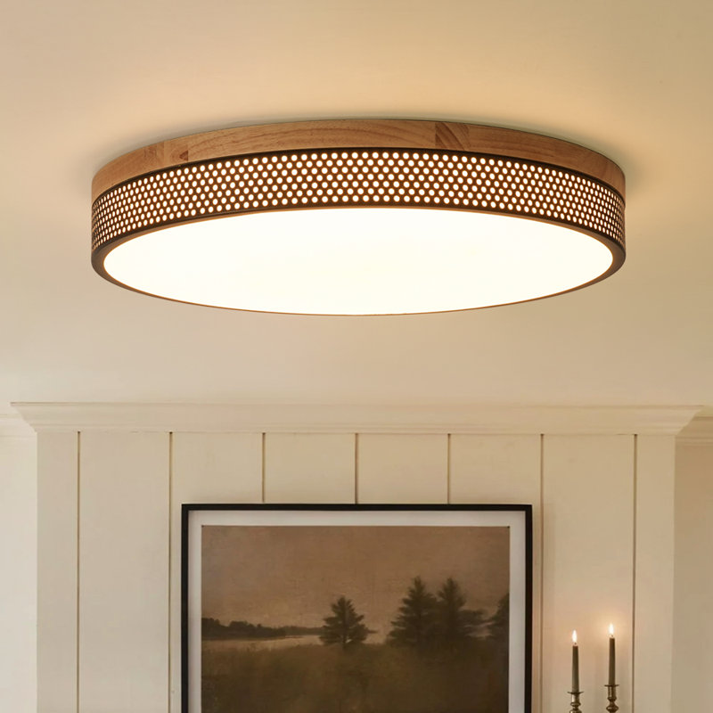 Dimmable Modern Perforated Design Round Led Flush Mount With Wood
