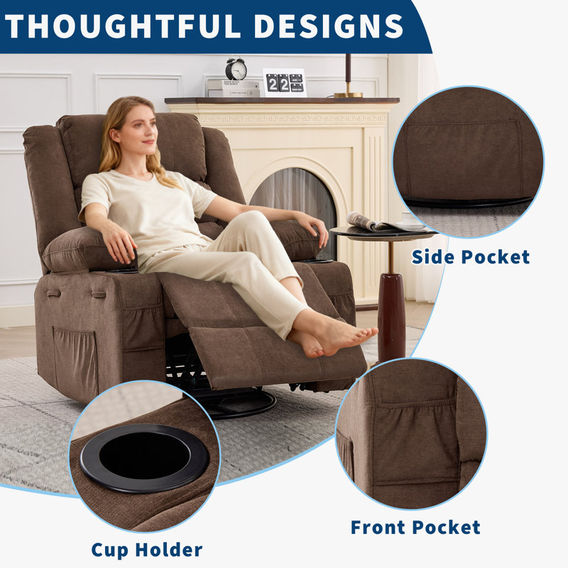 Oversized Rocking Recliner Chair for Adults, 360° Swivel Glider with Cup Holder, Upholstered Deep Seat Sofa for Living Room
