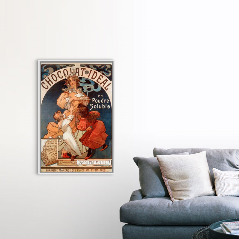 Affiche publicitaire « chocolat ideal » par Alphonse Marie Mucha-impression sur toile, Toile blanche encadrée