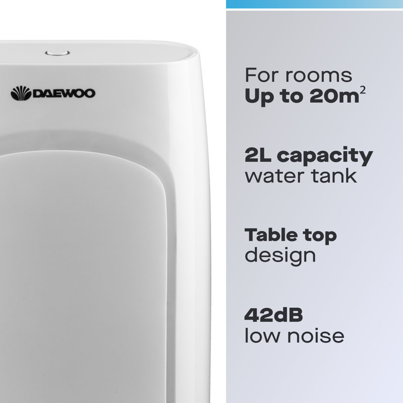 Daewoo 2L Compact Portable Dehumidifier for Damp, Mould and Condensation with 750ml Daily Extraction, White
