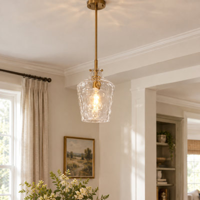 1-Light Water Ripple Glass Pendant Light Brushed Gold Finish