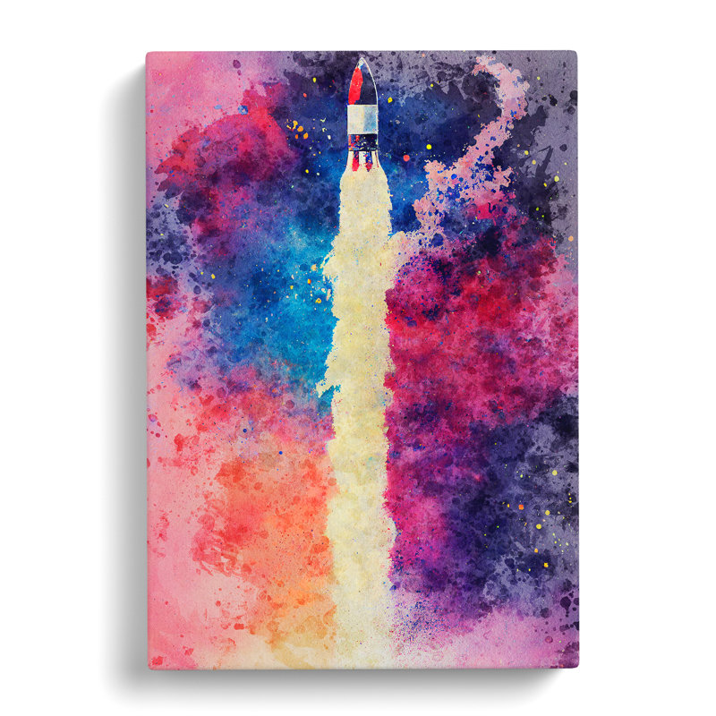 Watercolour Spaceship Rocket No.1 - Wrapped Canvas Painting, 50cm H x 35cm W x 3cm D