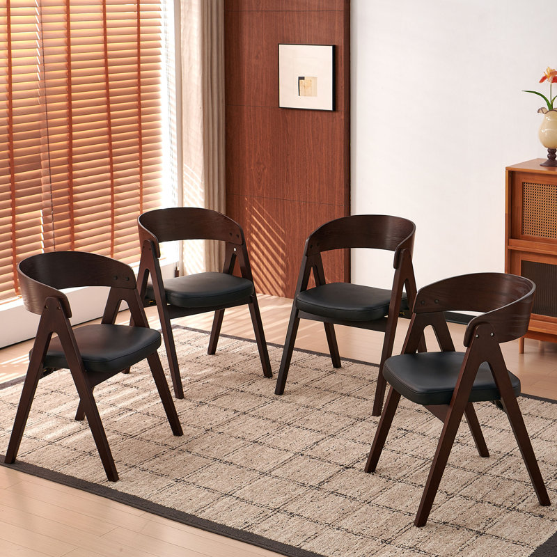 Faux Leather Dining Room Chairs with Solid Rubber Wood Frame, Set of 4, Black Seat, Walnut Color Frame, Dark Brown Wood