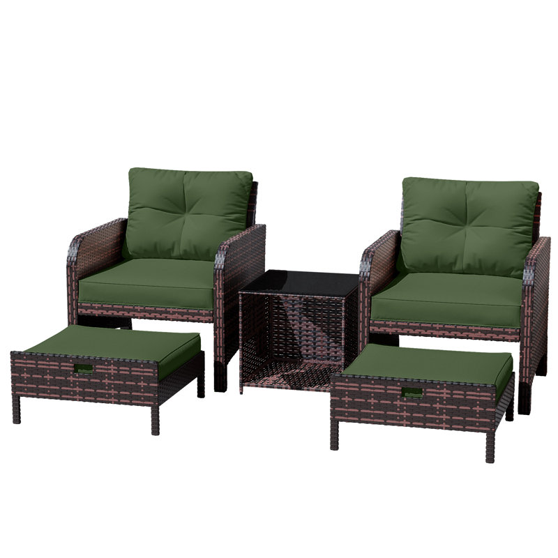 Ensemble de chaises de patio 5 pièces, conversation en osier avec coussins, table basse, vert, Vert