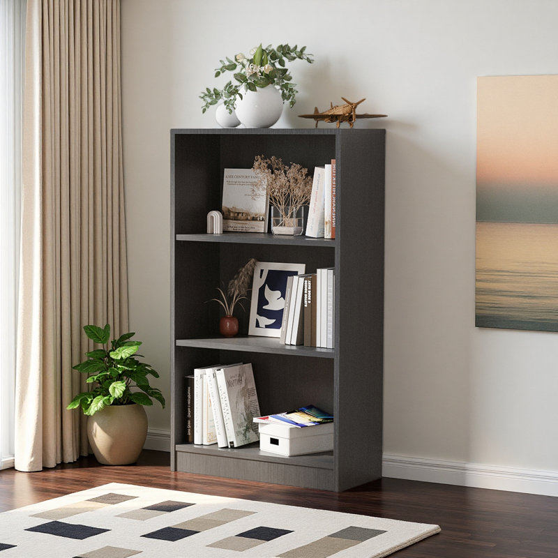 Bookcase Freestanding 3 Shelf Wood Bookshelf Adjustable Shelves For Home Office, Grey