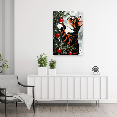 Playful Christmas Cat Playful Abstract Contemporary Christmas Tree Cat Winter Landscape Wall Art Print 1 Piece Wrapped Canvas Wall Art