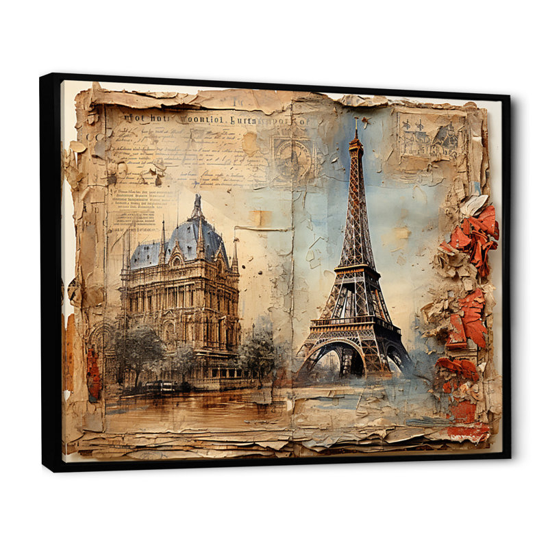 Paris Nostalgia, collage rétro sur toile, H 34 po x l 44 po, Cadre flottant noir