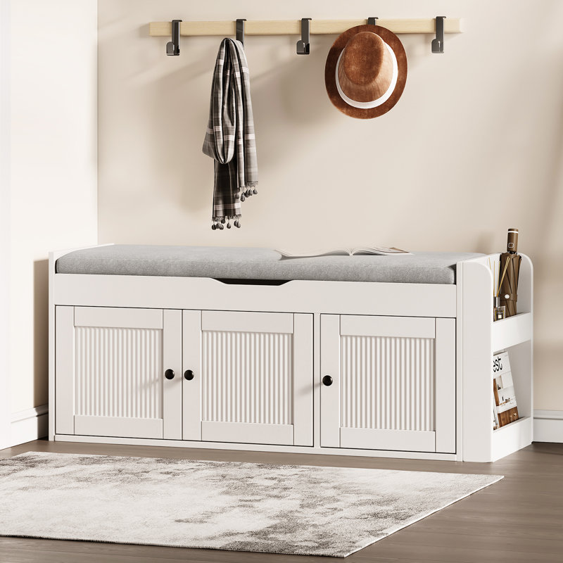 Modern Farmhouse Storage Bench With Cushion, Upholstered Shoe Bench With Shelf For Entryway, Mudroom, Hallway, White