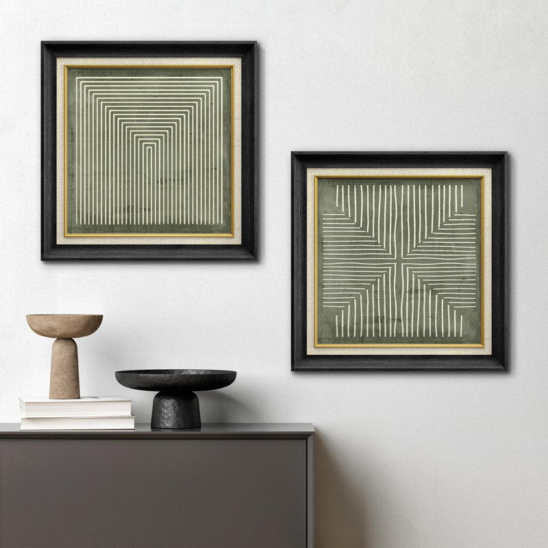 Geometric Abstract Line Minimalist - Framed Canvas Master Bedroom Wall Art Work 2 Pieces Print, Green, Black Gallery Frame