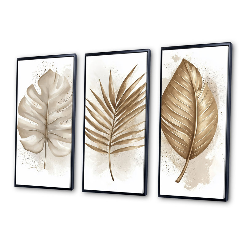 Ensemble de salon mural Reflection Tropical Beiges Leaves II - Plants, Toile avec cadre flottant noir