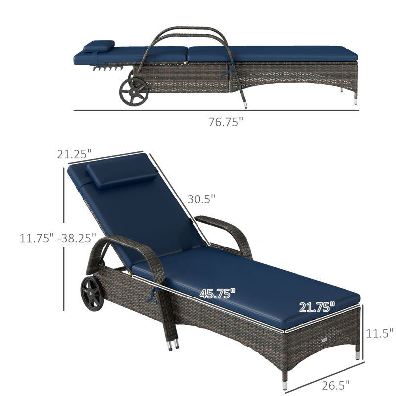 Rolling Outdoor Chairs,2 Reclining Chaise Lounge Chairs,With Cushion, Pillow, Headrest, Armrests, And Wheels, 2