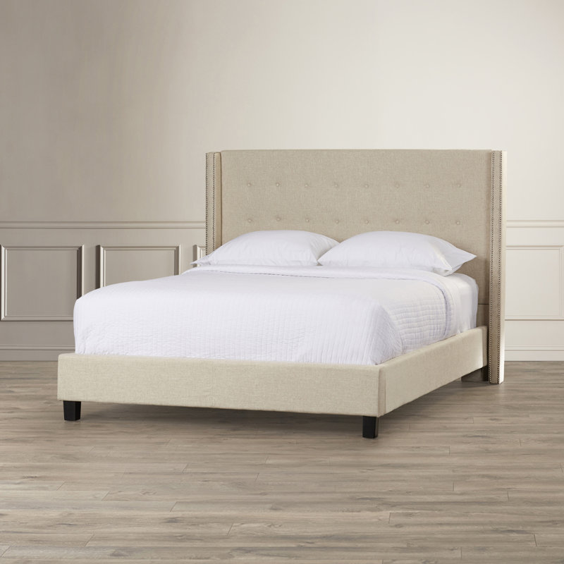 Lit tapissier standard Kaster, Lin beige chiné, Grand