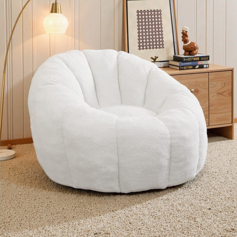 Compression Pumpkin Bean Bag Sofa For Adults, Soft Teddy Fabric Bean Bag Chair, White Teddy