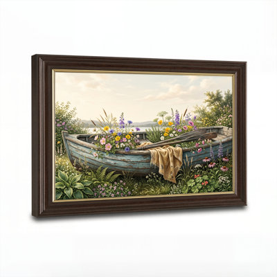 Art mural antique sur toile encadré doré pour le salon, la chambre à coucher, le bureau ou le vestibule - décoration murale décorative avec bateau floral