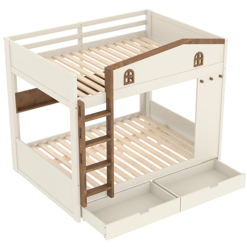 Grand lit superposé avec rangement, couleur beige et naturelle, bois massif, tablettes, crochets et sommier sans matelas requis pour le placement de matelas
