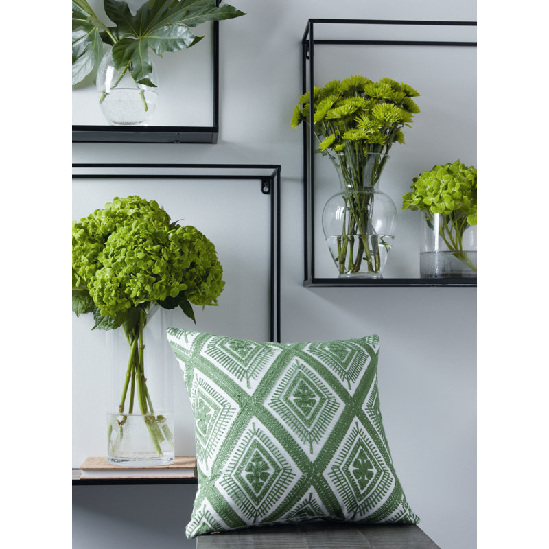 Green and White Embroidered Square Olefin Pillow