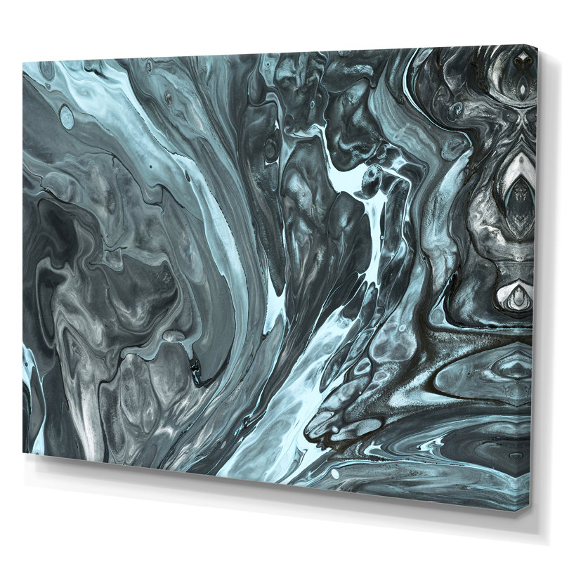 Art gris et turquoise liquide - peinture sur toile, Toile tendue, H 40 po x l 60 po x P 1,5 po