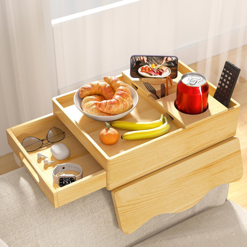 Couch Cup Holder Tray, 7-In-1 Couch Arm Tray, Sofa Clip-On Side Table With Push-Pull Drawer To Organize And Store Small Objects, 360°Swivel Phone Holder