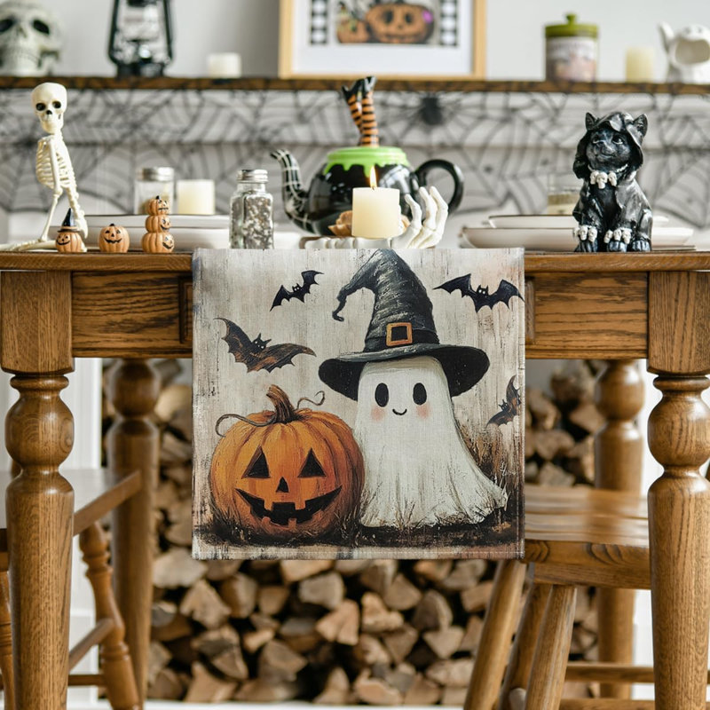 Chemin de table 210 g / m² 13x120 pouces | Décoration de table de salle à manger Jack-O'-Lantern, 120" L