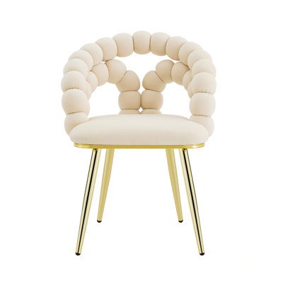 Ensemble de 2 chaises de salle à manger modernes en velours avec dossier à bulles, revêtement beige et pieds en métal doré pour une assise élégante