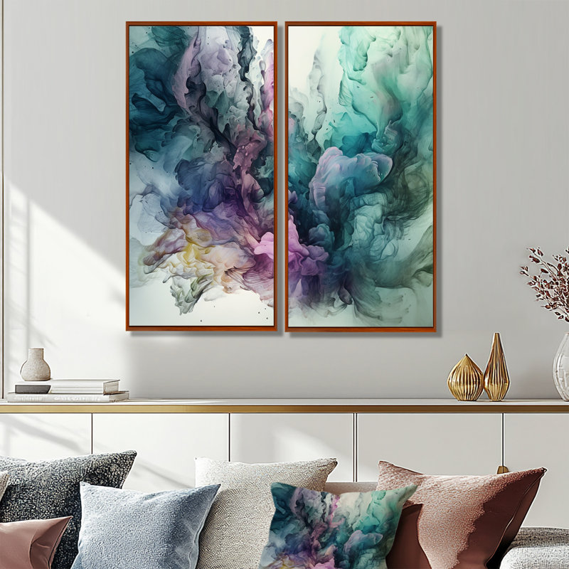 Art mural moderne sur toile vert mauve marbré, 20" H x 24" W, Impression encadrée flottante, Brown