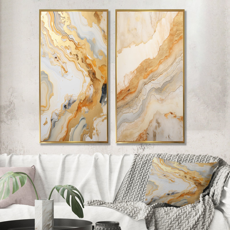 Or et blanc rivière de marbre - ensemble de 2 reproductions d'art abstrait en marbre, Encadrement doré, H 28 po x l 25 po