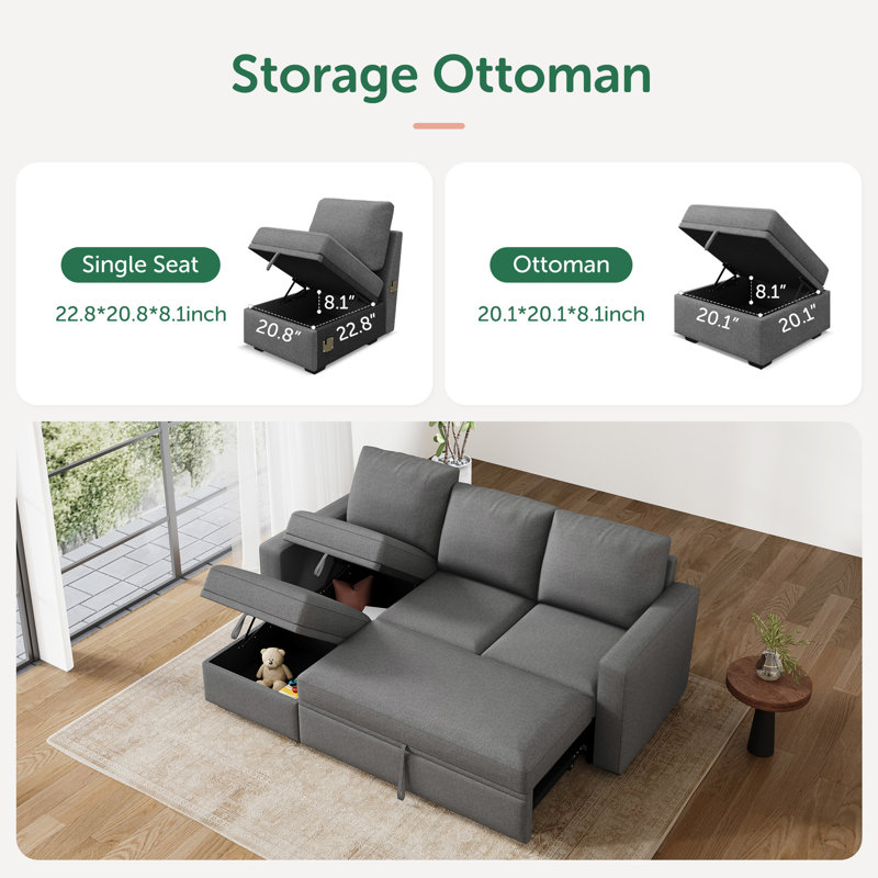 L-Shaped Sleeper Sectional Sofa with Storage, Light Gray Polyester