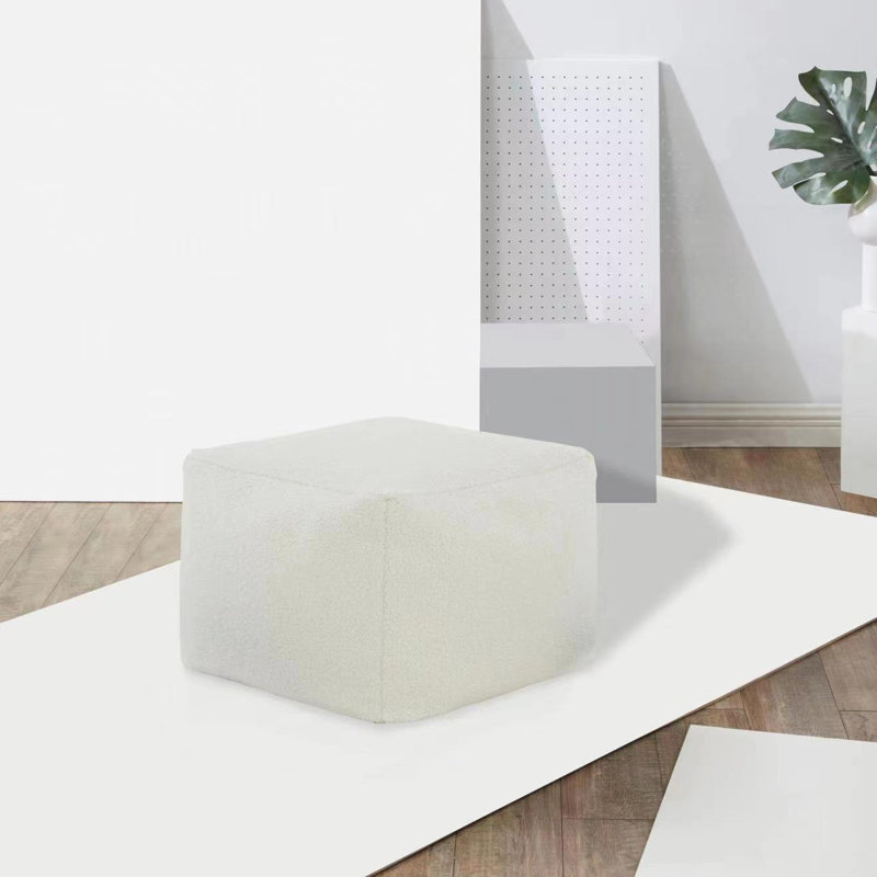 Inaki Upholstered Pouf, White Faux Lams Wool