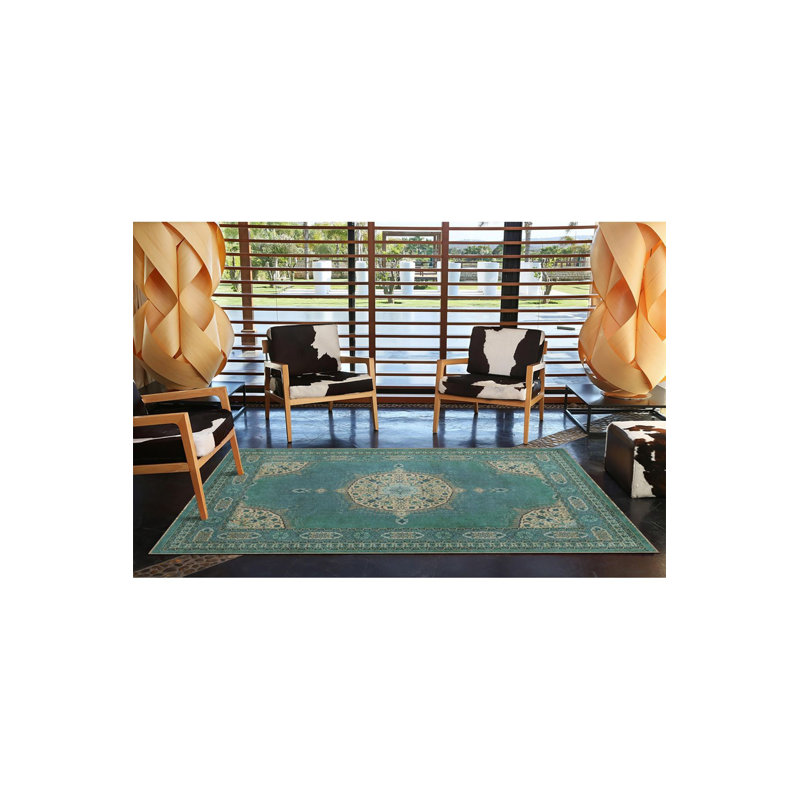 Tapis traditionnel lavable turquoise à base tissée, Sous-tapis carré 3 pi 3 po inclus