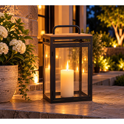 Rectangular Black Metal, Wood And Glass Lantern