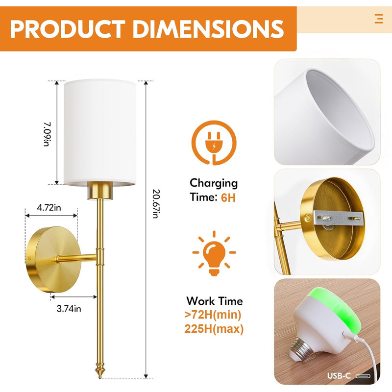 Gold Dimmable Battery Operated Wall Sconce Set with Remote