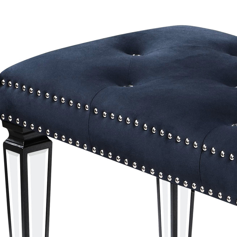 Banc de chambre en velours bleu marine foncé avec rembourrage et pieds en miroir magnétisme et relaxation