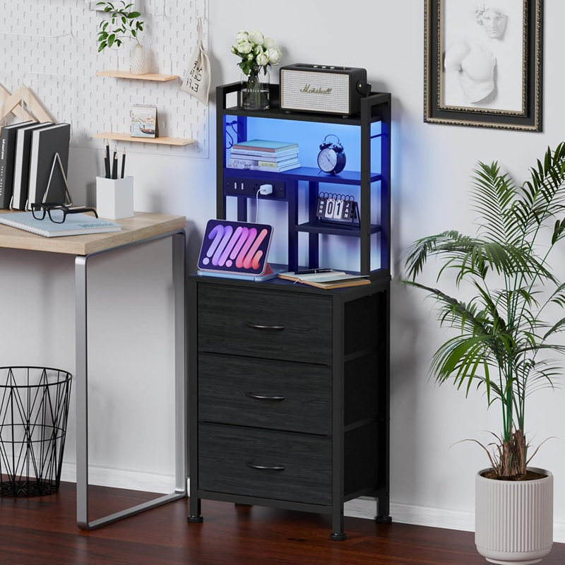 Furnulem Tall Night Stand With 3 Fabric Drawers And Led Lights, Nightstand With Bookshelf, 45.3inch Tall Bedside Tables With Usb Ports In Bedroom, Dorm, Office,metal Frame, Wood Shelves (black)