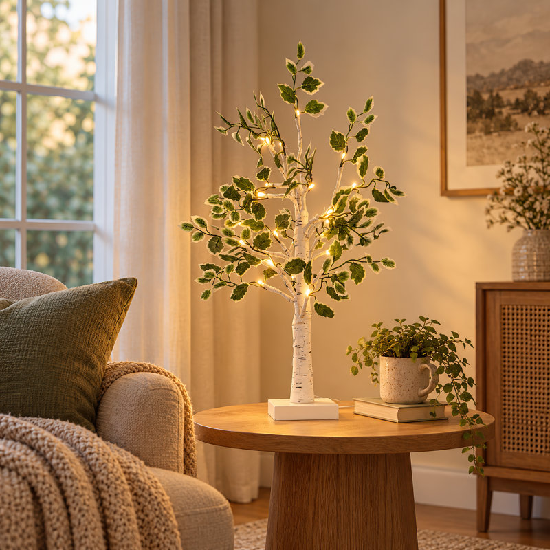 Lampe de table 24 "en bouleau blanc avec 24 lumières DEL blanc chaud