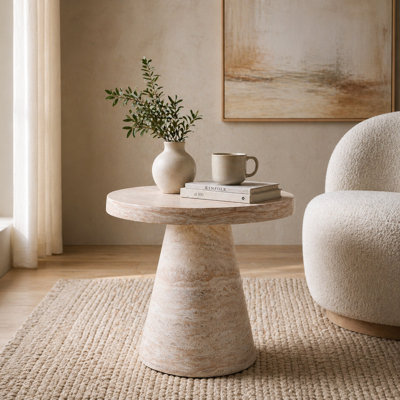 Modern Round Magnesium Oxide End Table, 22.8" Wabi-Sabi Side Table with Tapered Base, Matte Faux-Stone Finish for Living Room & Sofa