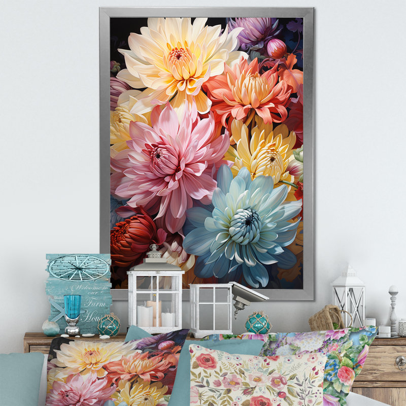 «Mums With Its Caractéristic Curved Stems I», reproduction sur toile, Cadre simple argenté, H 44 po x l 34 po x P 1,5 po
