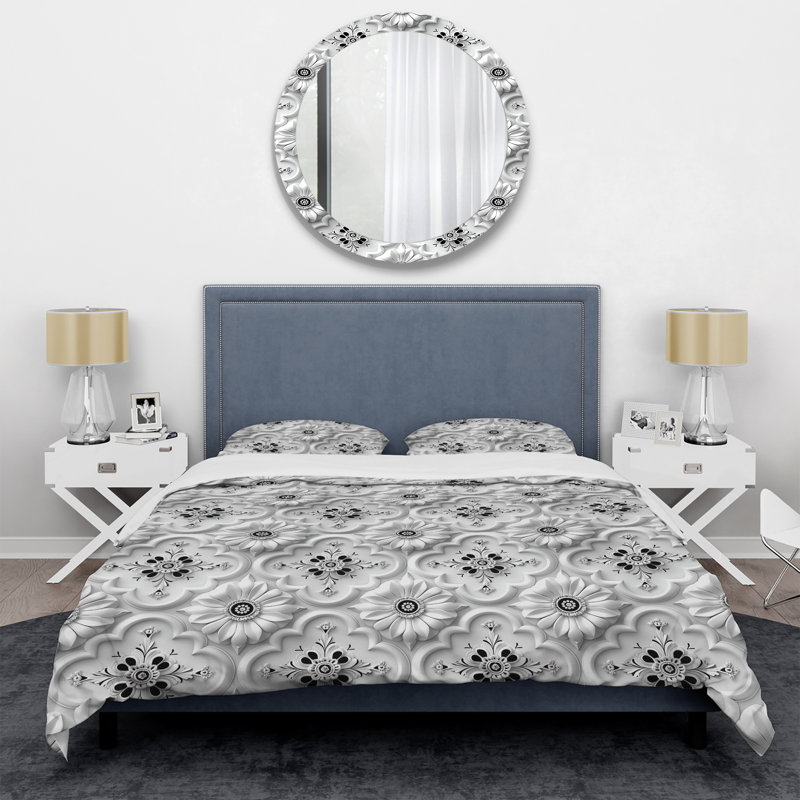 Ensemble de housse de couette moderne blanc et noir à motif floral, Housse de couette très grand + 2 très grandes ta