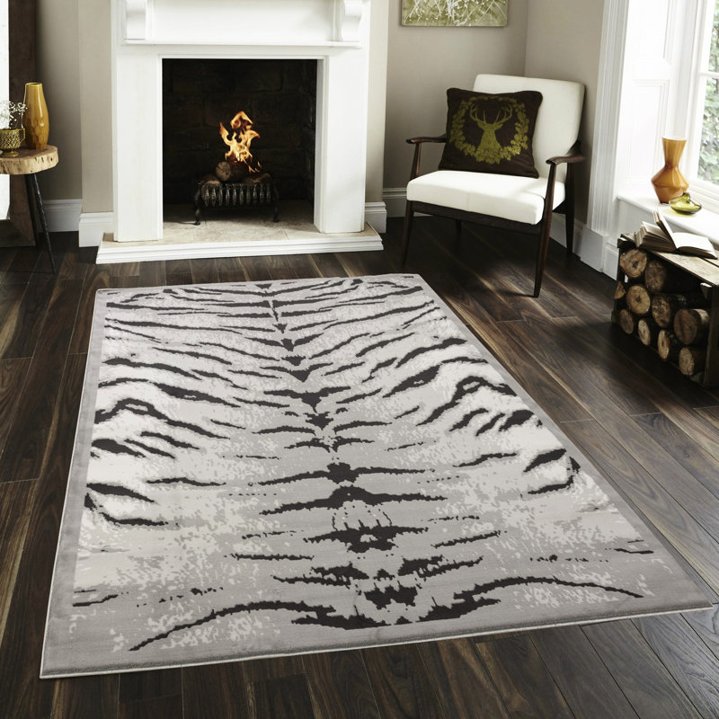 Tapis gris et argent rectangulaire, 5 pi 3 po X 7 pi., Style sauvage, fait à la machine, 100%, et tapis pour animaux avec poils gris, rustique
