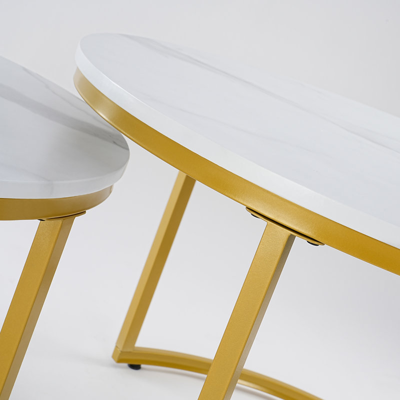 Ronik Round Shape Nesting Coffee Table for Living Room Marble Style Tabletop Gold Metal Frame