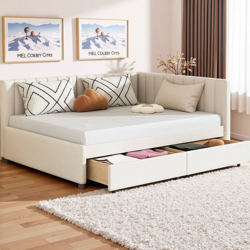 VARELON Durable Upholstered Storage Daybed Twin/Full Size with 2 Drawers - No Box Spring Needed, Full / Double, Beige