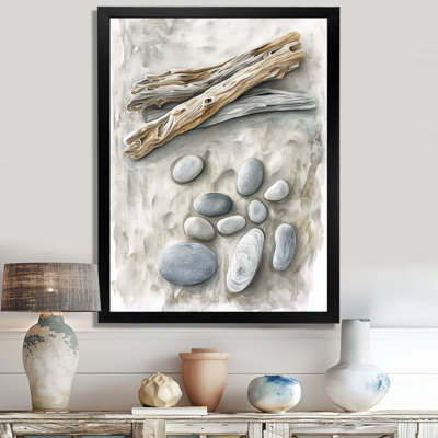 Bois flotté gris-brun et galets I - Tableau encadré sur le thème côtier