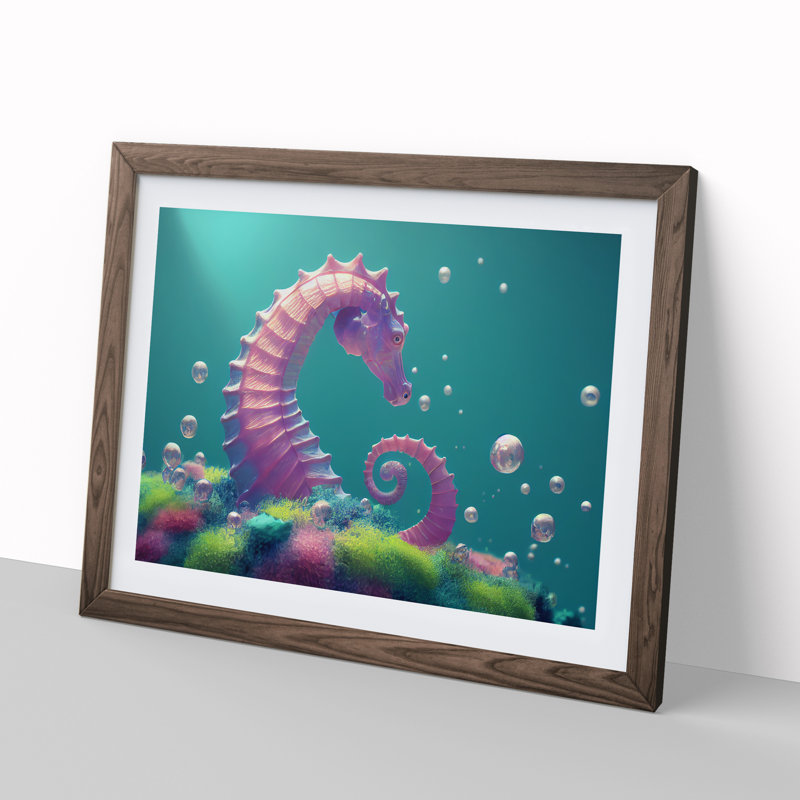 Seahorse Bubbles - Single Picture Frame Print, 46cm H x 64cm W x 2cm D, Walnut 