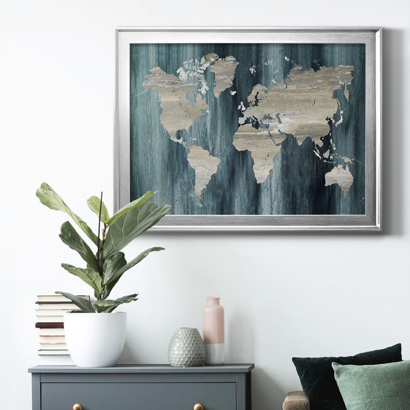 Carte du monde bleu marine - reproduction de cadre photo, H 22,5 po x l 30,5 po x P 1 po, Argent