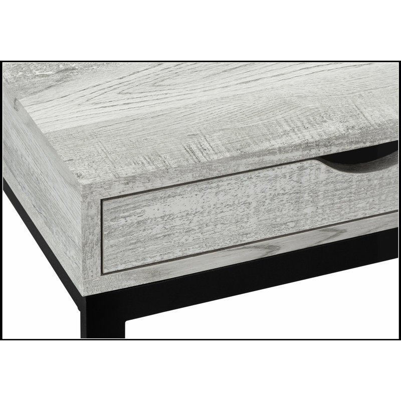 Table d'appoint en forme de C avec tiroir de rangement, plateau en stratifié gris et structure en métal noir pour les espaces de vie modernes