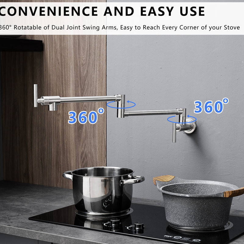 304 Ss Material Pot Filler Faucet, Wall Mount Style Brushed Nickel Faucet For Kitchen, Ss, Mount, Double Joint Swing
