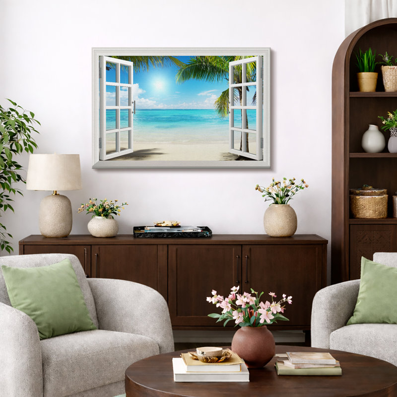 Fenêtre, paysage, palmier vert tropical, plage côtière, océan bleu, reproduction d'art sur toile